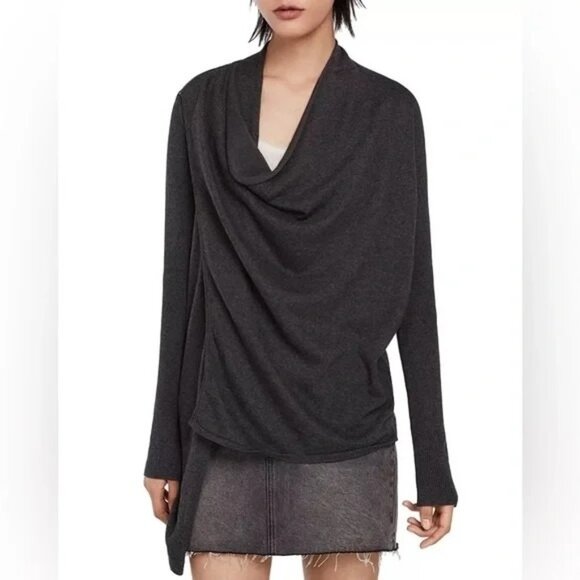 Allsaints Drina Charcoal Black Wool Asymmetric Draped Cardigan Sweater Size 4 - Picture 1 of 7